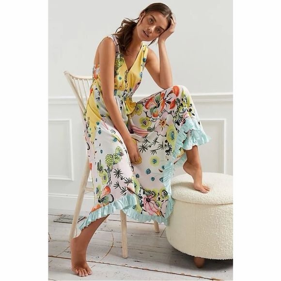 Anthropologie Dresses & Skirts - Anthropology Margaux Floral Dress Pastel Floral Smocked Waist Lace Back Small